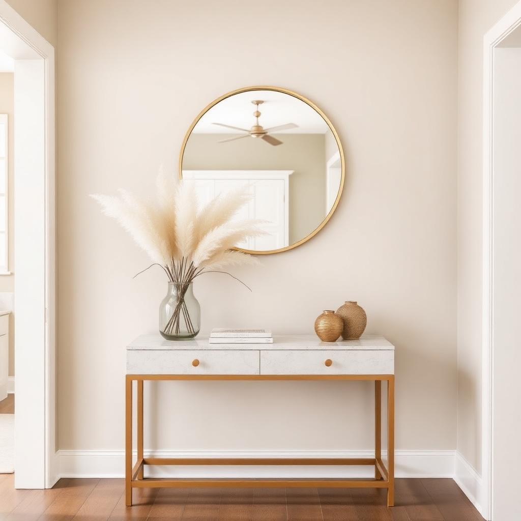 Modern Entryway — round mirror & pampas grass