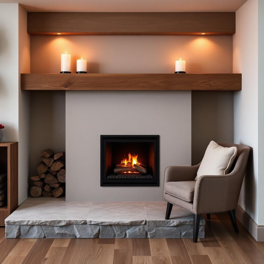 Stone Hearth & Wooden Mantel